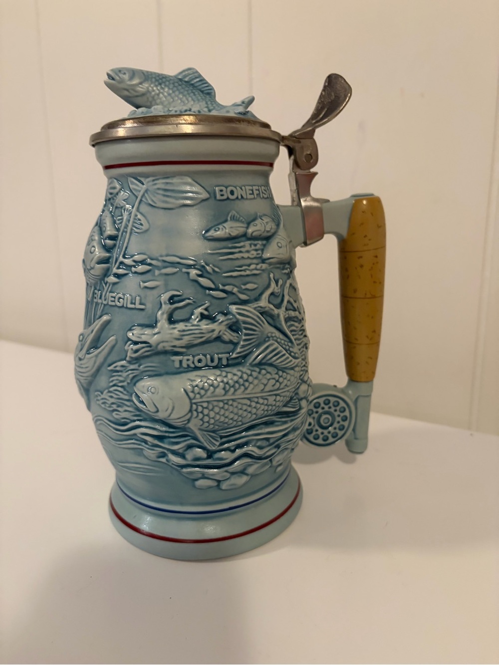 1990โs Avon Fishing Ceramic Beer Stein with Lid